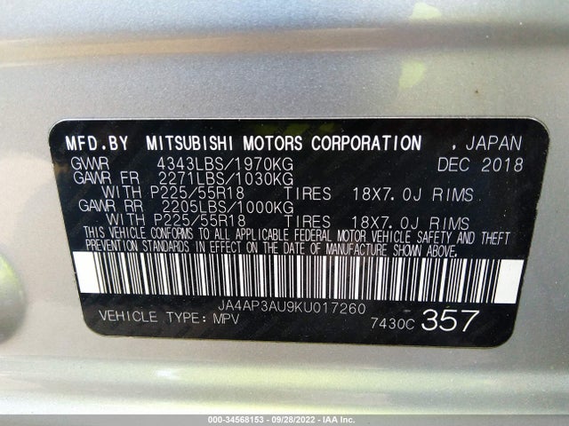 2019 Mitsubishi Outlander, VIN: JA4AP3AU9KU017260