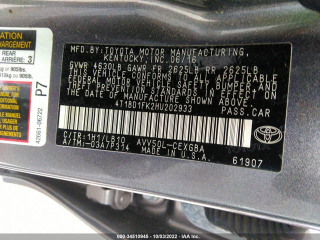 2017 Toyota Camry, VIN: 4T1BD1FK2HU202933