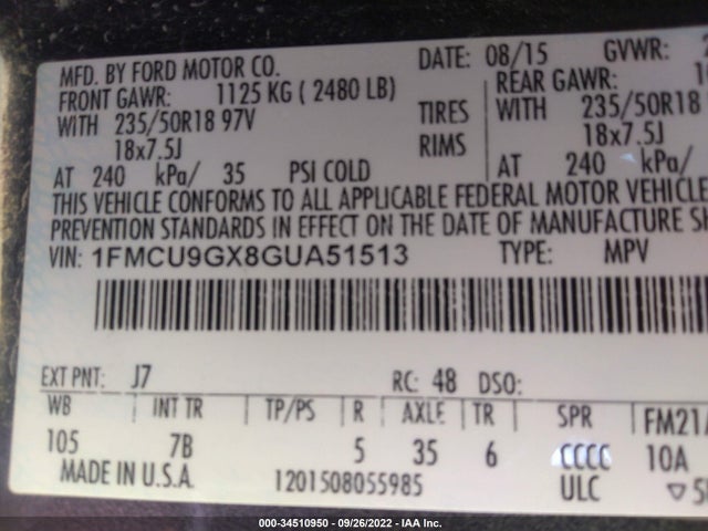 2016 Ford Escape, VIN: 1FMCU9GX8GUA51513