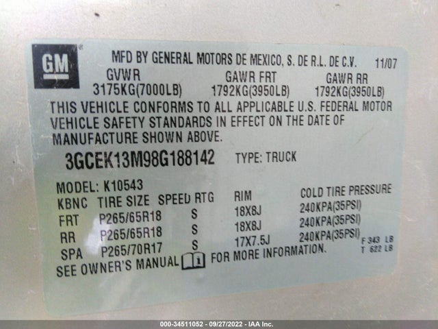 2008 CHEVROLET SILVERADO 1500 LT W/1LT VIN: 3GCEK13M98G188142