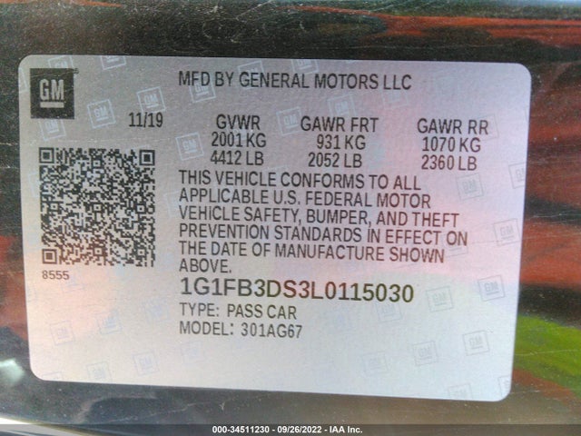 2020 Chevrolet Camaro, VIN: 1G1FB3DS3L0115030