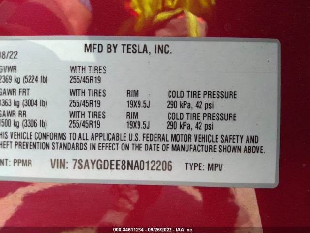 Tesla Model Y Long Range 2022 7SAYGDEE8NA012206 Image 9