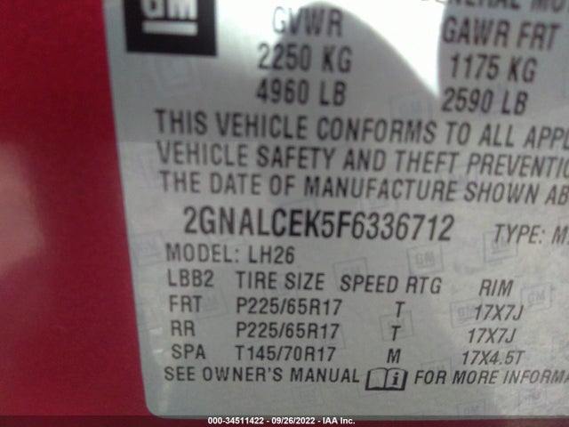 2015 CHEVROLET EQUINOX LT VIN: 2GNALCEK5F6336712