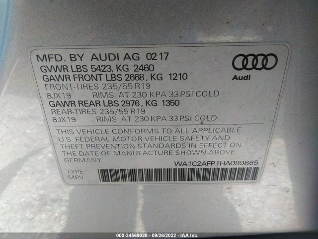 2017 Audi Q5, VIN: WA1C2AFP1HA099865
