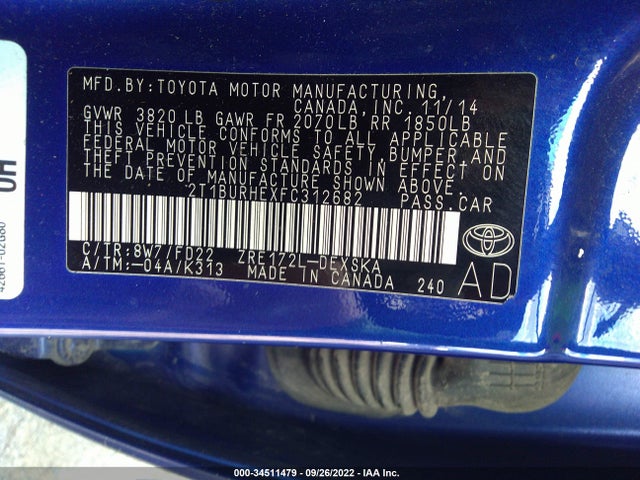2015 TOYOTA COROLLA L/LE/S/S PLUS/LE PLUS VIN: 2T1BURHEXFC312682