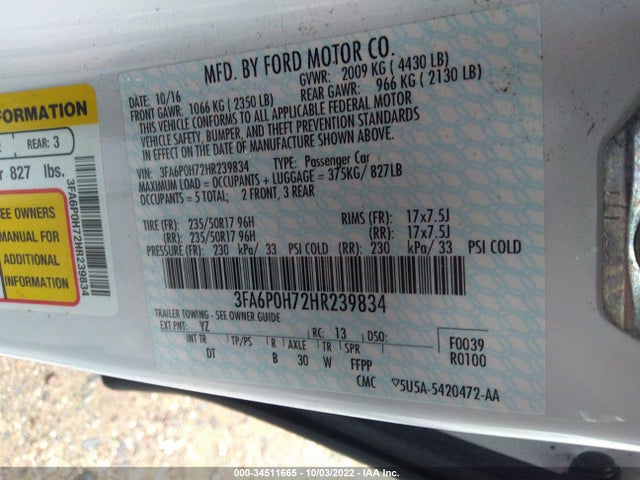 Ford FUSION SE 2017 3FA6P0H72HR239834 Image 9