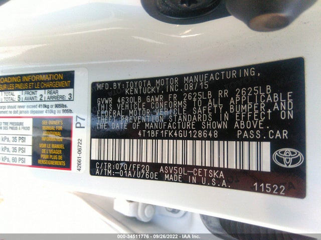 2016 TOYOTA CAMRY XLE/SE/LE/XSE VIN: 4T1BF1FK4GU128648