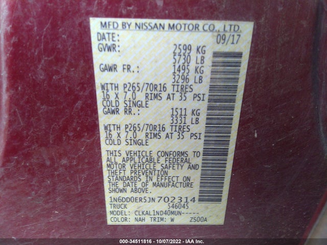 2018 Nissan Frontier, VIN: 1N6DD0ER5JN702314
