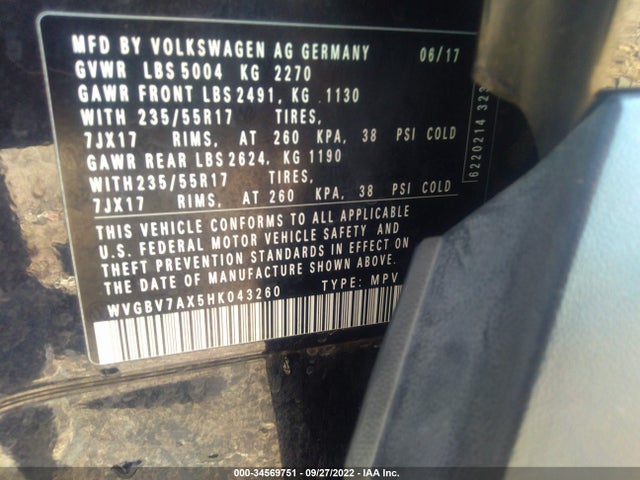 2017 Volkswagen Tiguan, VIN: WVGBV7AX5HK043260