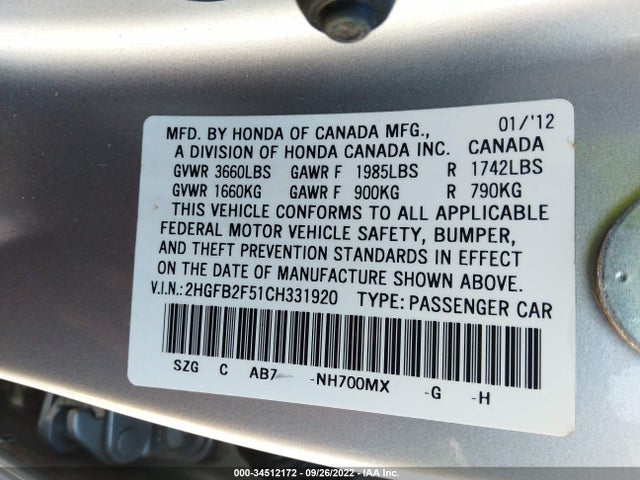 2012 HONDA CIVIC SDN LX VIN: 2HGFB2F51CH331920