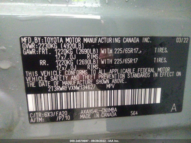 2022 Toyota RAV4, VIN: 2T3RWRFVXNW134627