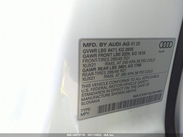 2020 Audi Q8, VIN: WA1CVAF12LD014641