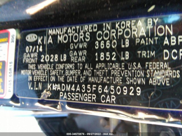 KNADM4A35F6450929 KIA RIO LX
