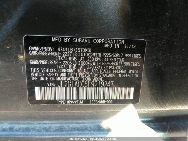 Subaru Crosstrek Premium 2020 JF2GTACC5L9219247 Image 10