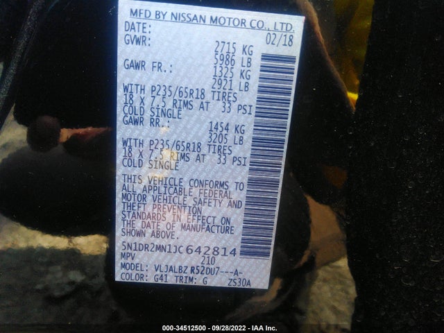 2018 Nissan Pathfinder, VIN: 5N1DR2MN1JC642814