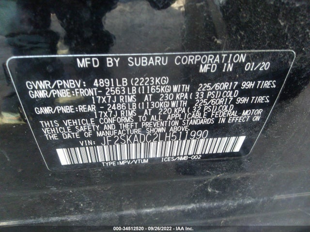 2020 SUBARU FORESTER VIN: JF2SKADC2LH511990