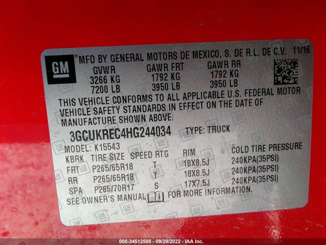 2017 CHEVROLET SILVERADO 1500 LT VIN: 3GCUKREC4HG244034