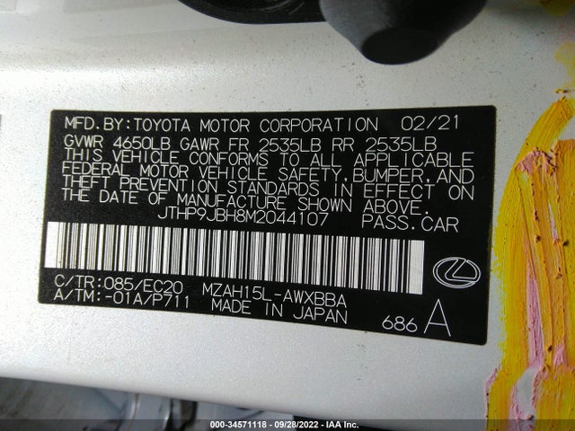 2021 Lexus UX, VIN: JTHP9JBH8M2044107