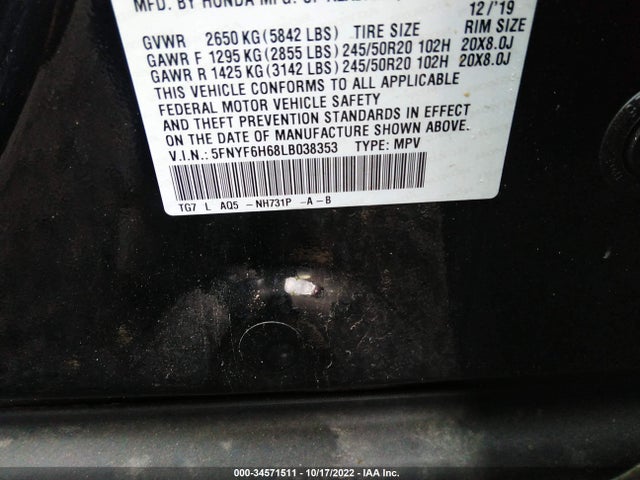Honda Pilot Touring 7-passenger 2020 5FNYF6H68LB038353 Image 9