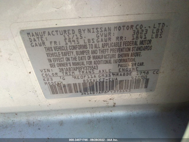 2015 NISSAN SENTRA S VIN: 3N1AB7AP8FY375543
