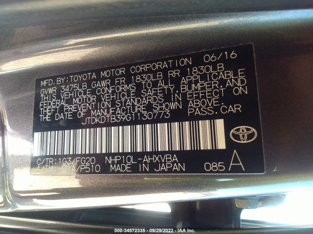 Toyota Prius C One/two/three/four 2016 JTDKDTB39G1130773 Image 9