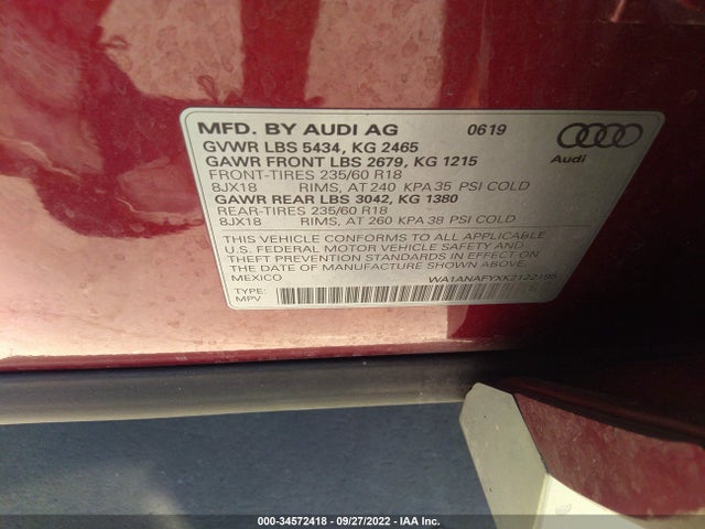 2019 AUDI Q5 PREMIUM VIN: WA1ANAFYXK2122195