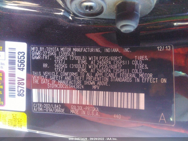 2014 TOYOTA SIENNA XLE/XLE AAS/LTD VIN: 5TDYK3DC2ES443824