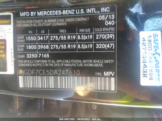 2013 MERCEDES-BENZ GL-CLASS GL 450 VIN: 4JGDF7CE5DA247610