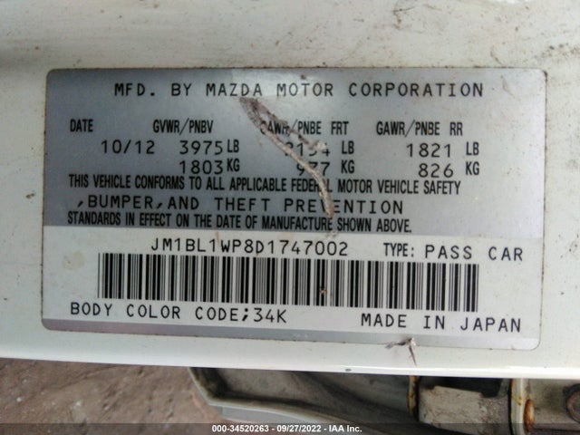 2013 MAZDA MAZDA3 I GRAND TOURING VIN: JM1BL1WP8D1747002