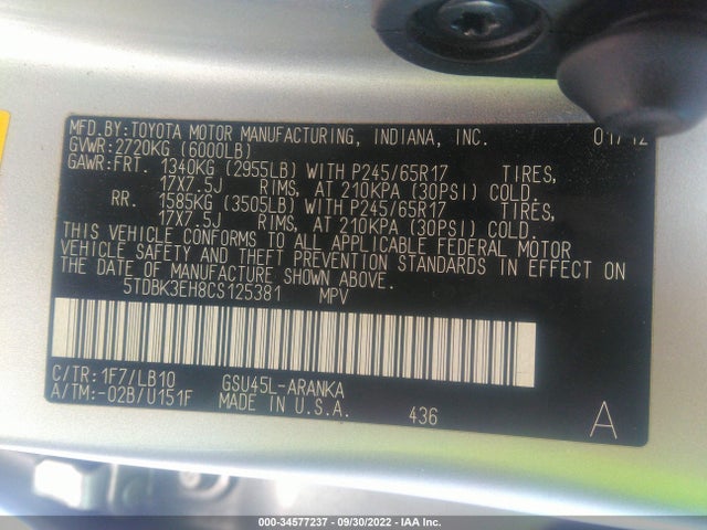 2012 TOYOTA HIGHLANDER VIN: 5TDBK3EH8CS125381