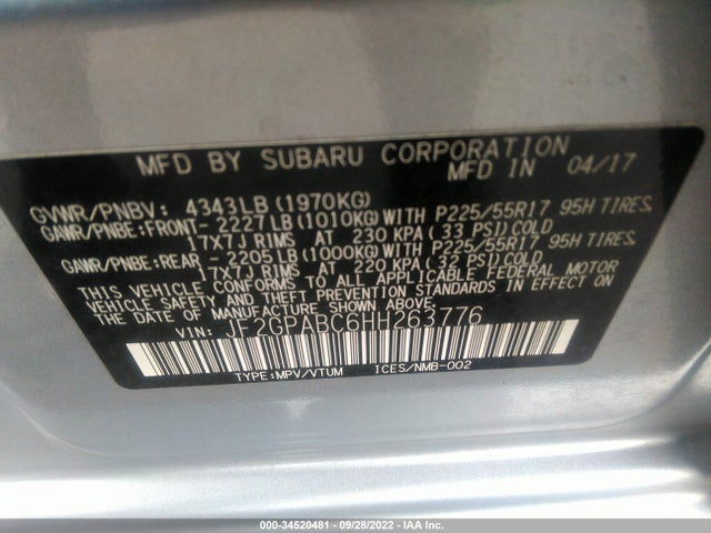 2017 SUBARU CROSSTREK PREMIUM VIN: JF2GPABC6HH263776