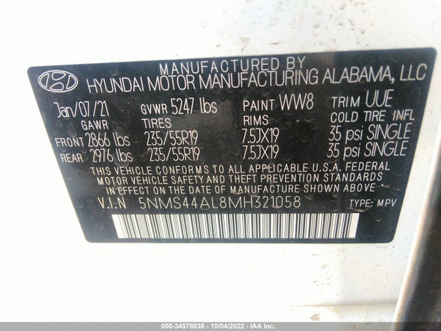 2021 Hyundai Santa Fe, VIN: 5NMS44AL8MH321058