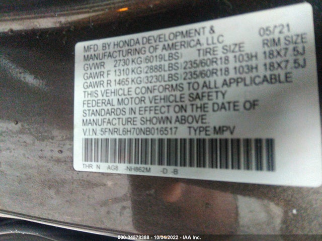 2022 Honda Odyssey, VIN: 5FNRL6H70NB016517