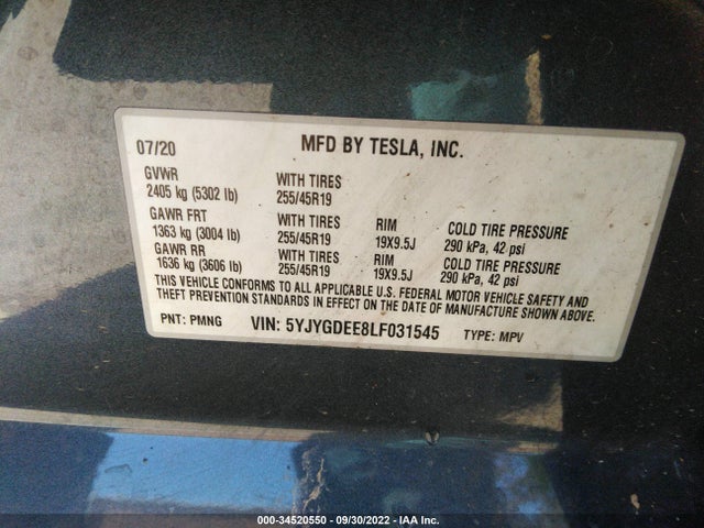 2020 Tesla Model Y, VIN: 5YJYGDEE8LF031545