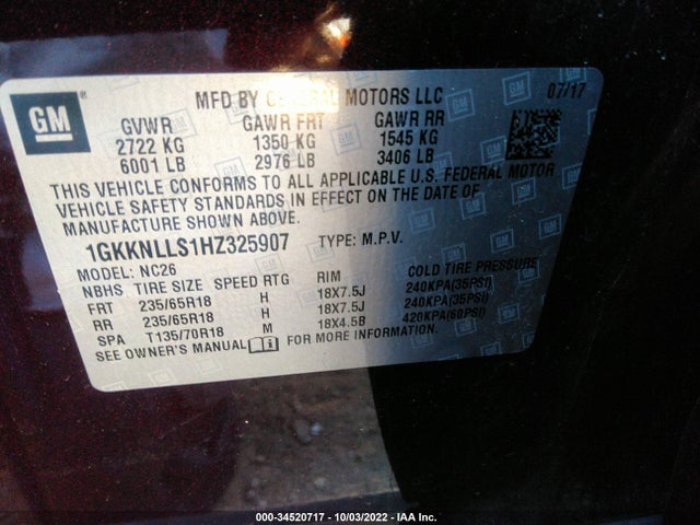 GMC ACADIA SLE 2017 1GKKNLLS1HZ325907 Image 9