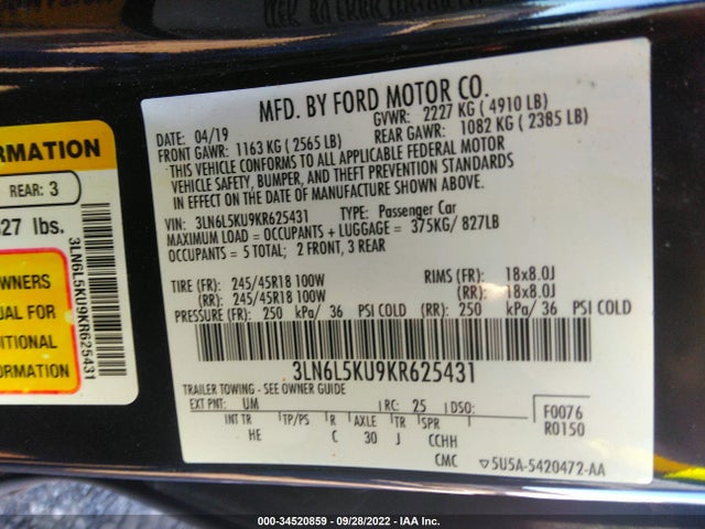 Lincoln MKZ 2019 3LN6L5KU9KR625431 Image 10