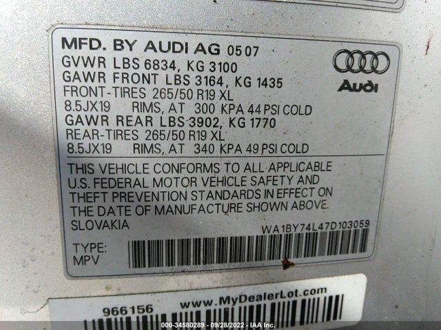 2007 AUDI Q7 PREMIUM VIN: WA1BY74L47D103059