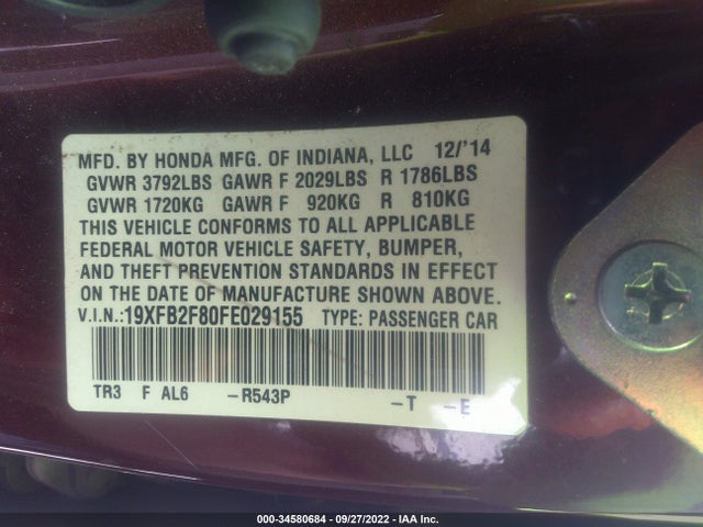 Honda Civic Sedan Ex 2015 19XFB2F80FE029155 Image 9
