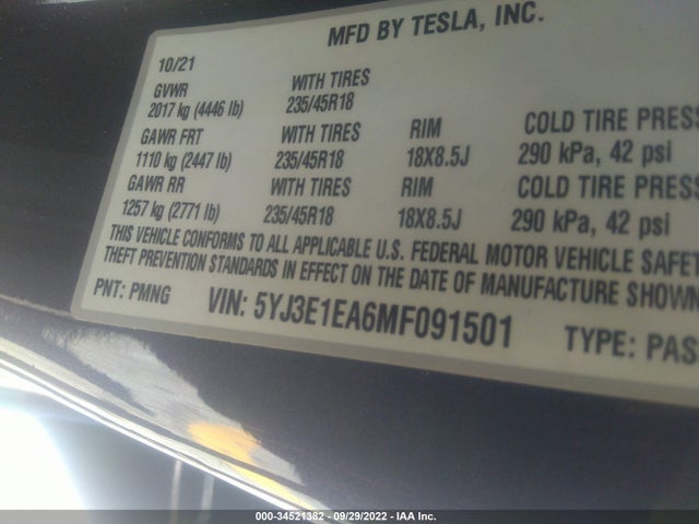 Tesla Model 3 Standard Range Plus 2021 5YJ3E1EA6MF091501 Image 10