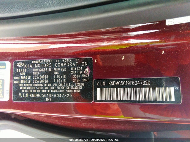 2015 KIA SEDONA SX VIN: KNDMC5C19F6047320