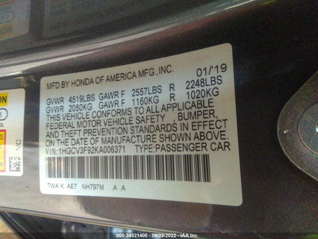 2019 Honda Accord, VIN: 1HGCV3F92KA006371