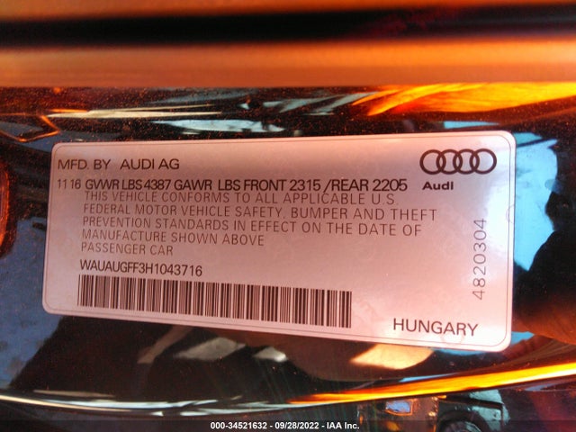 2017 Audi A3, VIN: WAUAUGFF3H1043716