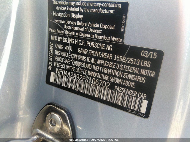 2015 Porsche 911, VIN: WP0AA2A92FS106702