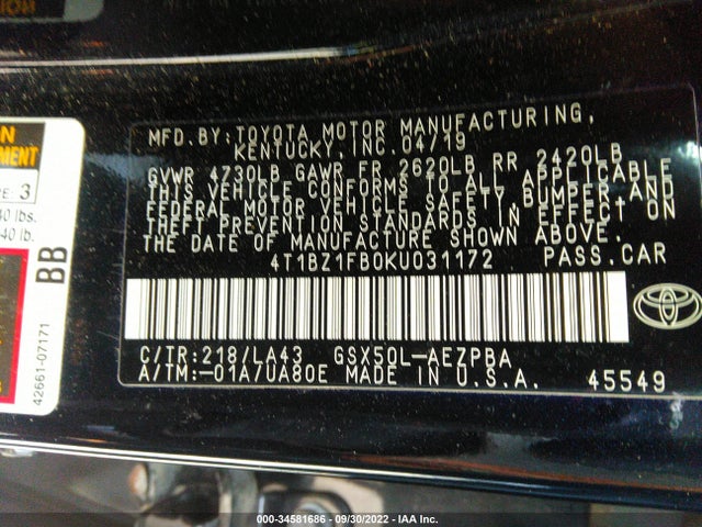 2019 Toyota Avalon, VIN: 4T1BZ1FB0KU031172