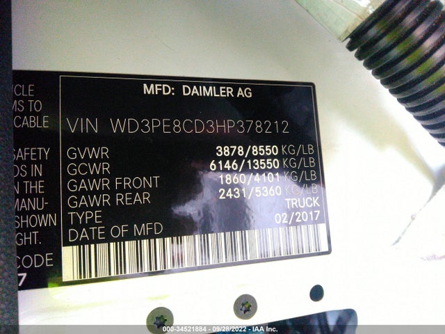 2017 Mercedes-Benz Sprinter, VIN: WD3PE8CD3HP378212