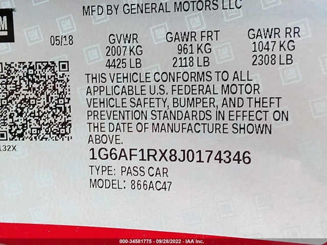2018 Cadillac ATS, VIN: 1G6AF1RX8J0174346