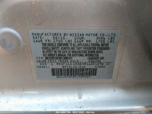3N1CN7AP3FL939127 Nissan Versa S Plus