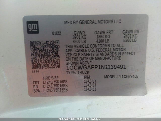 2022 Chevrolet Express, VIN: 1GCWGAFP1N1139491