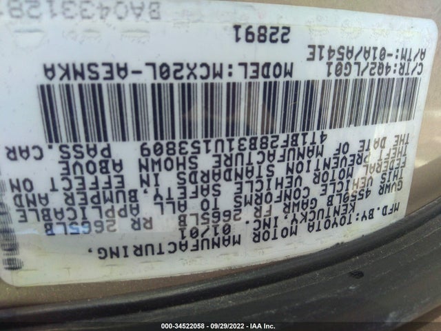 2001 TOYOTA AVALON XL W/BUCKET SEATS VIN: 4T1BF28B31U153809