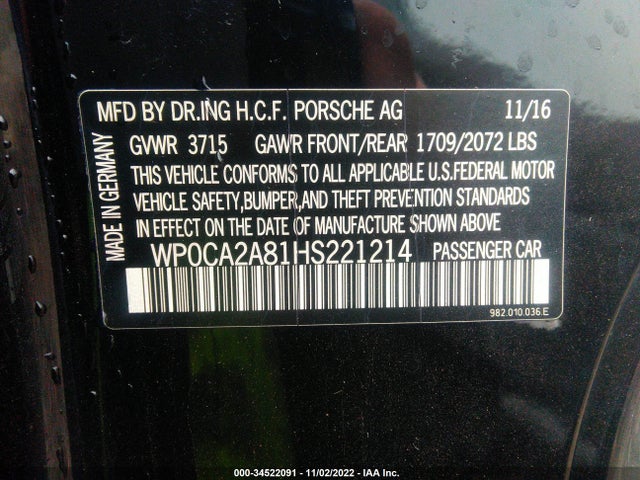 2017 Porsche Boxster, VIN: WP0CA2A81HS221214